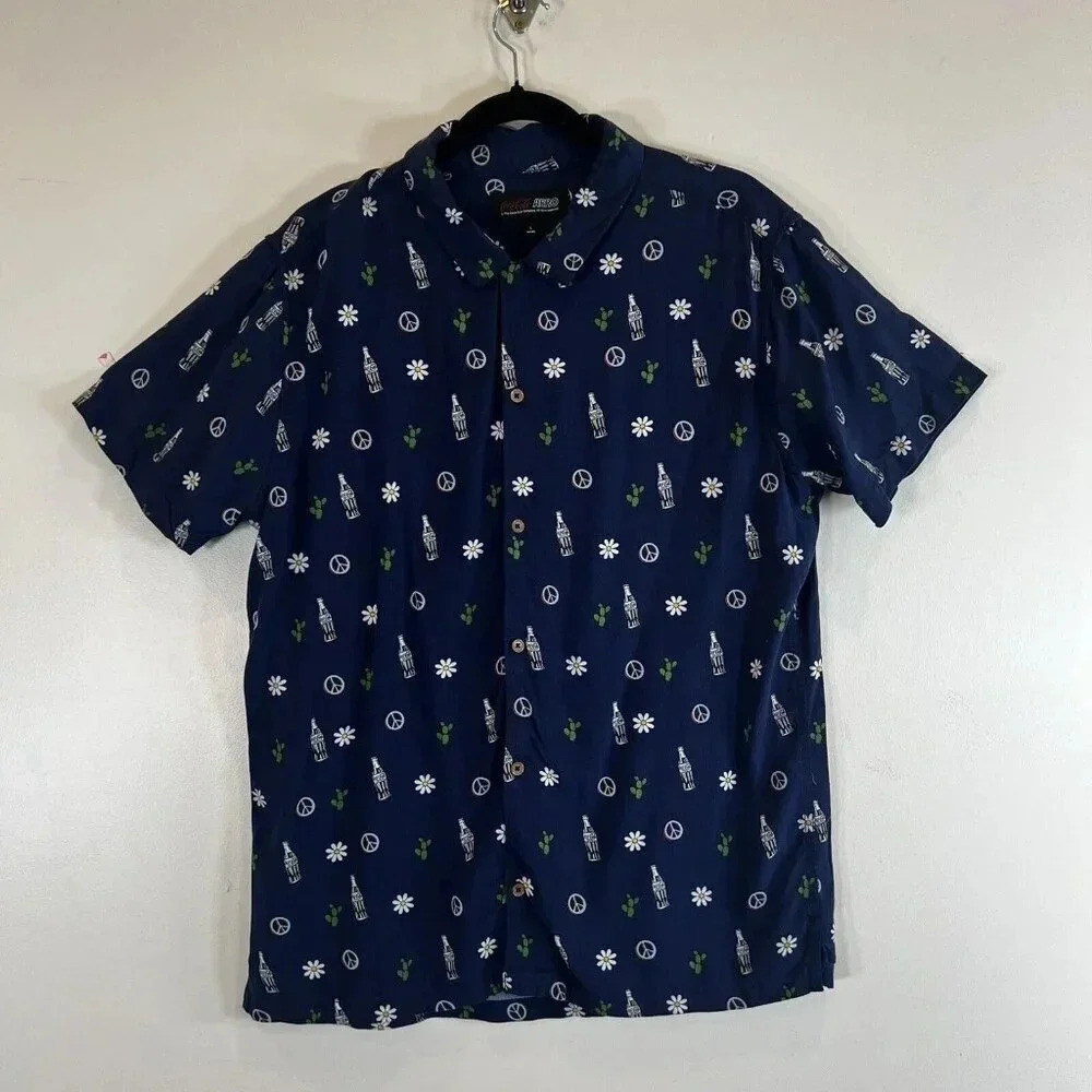 Coca-Cola Aero Blue Button Up Short Sleeve Shirt Cactus Daisy Large